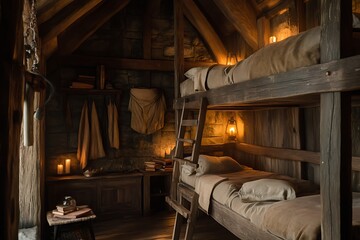 Rustic bunk beds in cozy wooden attic with burning candles. Use Relaxation