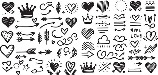 Line shape marker underline, arrow, heart brush element set. Hand drawn sketch marker underline shape, arrow, heart scribble brush pen stroke element. Crown, love graphic icon. Vector illustration 
