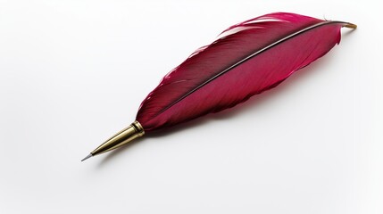 close-up image of a vibrant crimson-red quill pen, with a polished brass-colored metal ferrule and nib, set against a pure white background
