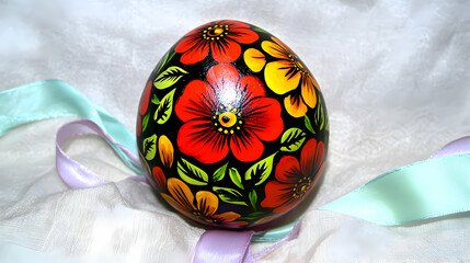 Painted Easter egg with floral design, ribbons, fabric background; Spring holiday decoration