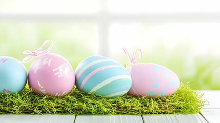 Pastel Easter eggs on grass, spring window background; holiday greeting