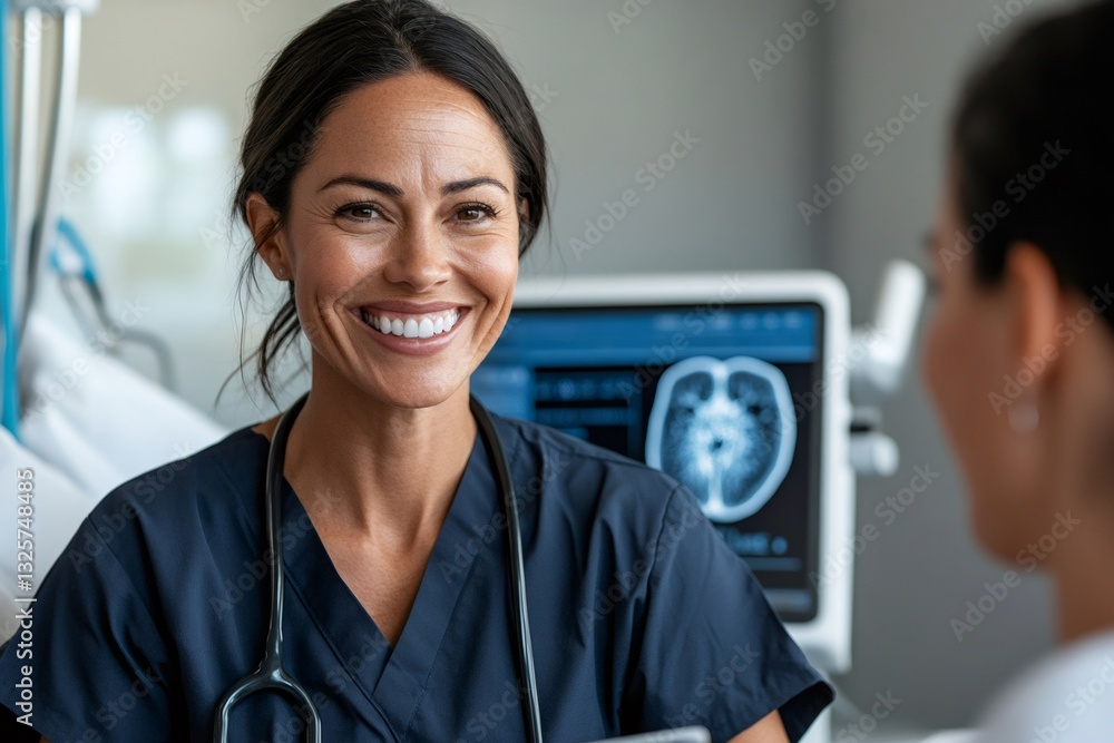 Poster Smiling doctor discussing results with colleague near monitor showing brain scan
