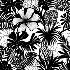 Monochromatic Tropical Paradise: A Seamless Pattern of Lush Black and White Flora