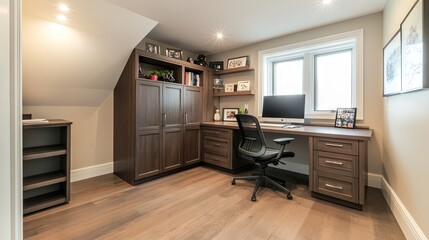 Fototapeta premium Compact home office with a built-in desk and wall-mounted cabinets.