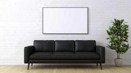 Modern black leather sofa against white brick wall with blank frame