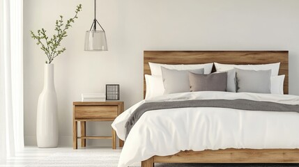 Cozy minimalist bedroom with neutral-toned freestanding bed and nightstand.