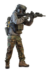 A special forces soldier firing an assault rifle, cut-out material on white background