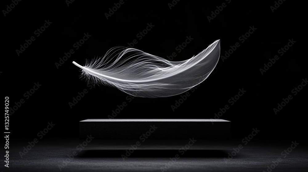 Poster an enigmatic still life of a feather hovering above a pool of ink, yet casting no reflection, deep n