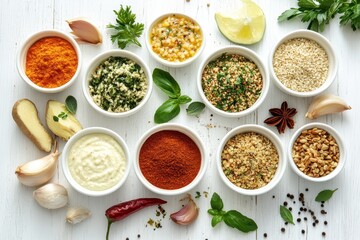Various spices and sauces in bowls. Perfect for cooking, food blogs, and recipe websites.