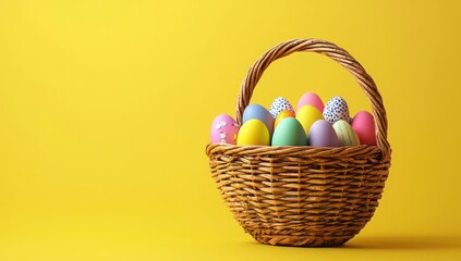 Colorful Easter eggs in a basket isolated on yellow.