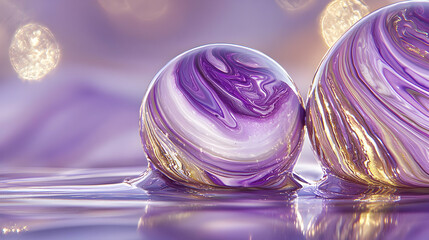 Purple spheres reflecting light, bokeh background, artistic abstract