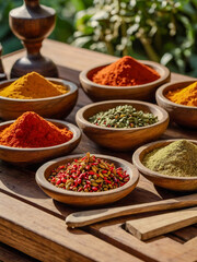 Fototapeta premium Colorful collection of spices displayed on a wooden tray in a sunlit garden setting.