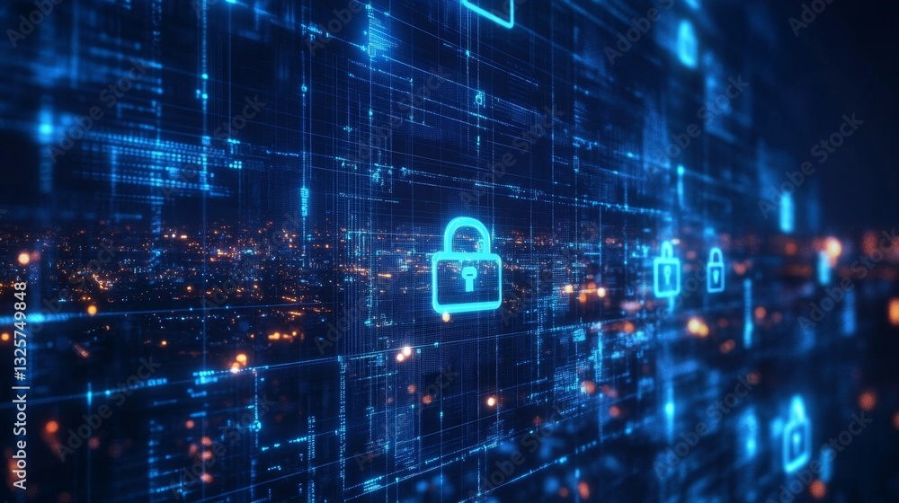 Poster digital security interface with network icons and city background