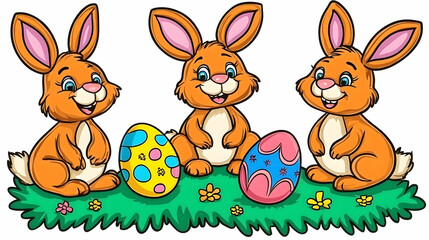 Three Easter bunnies with eggs on grass
