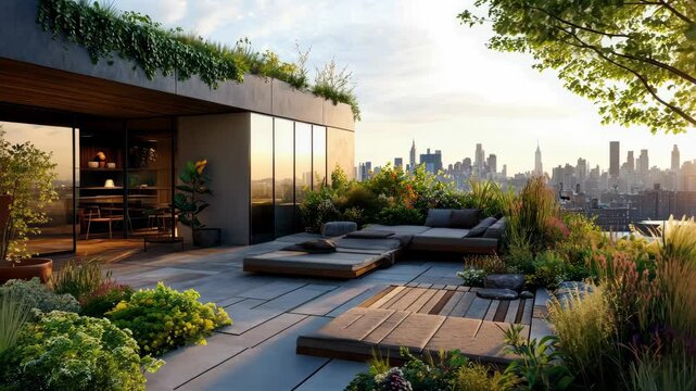 Modern rooftop garden with city skyline views at sunset