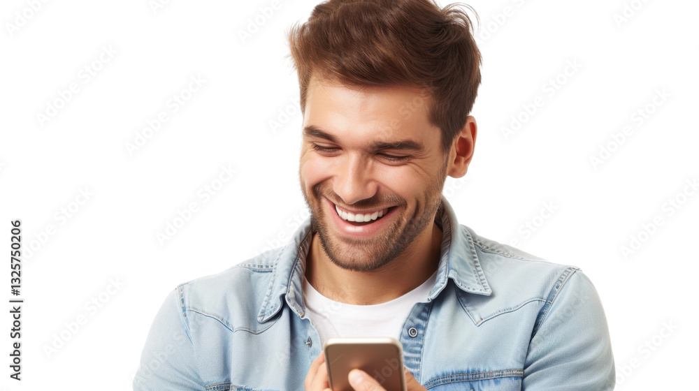 Poster happy man smiling and using smartphone on transparent background