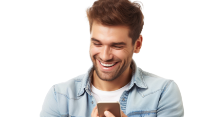 Happy man smiling and using smartphone on transparent background