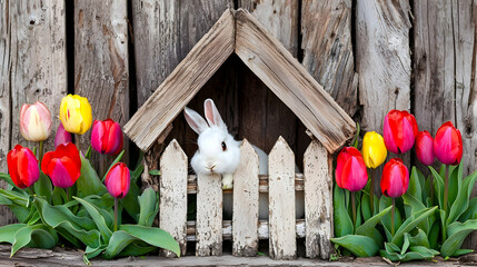 White rabbit in wooden house with tulips
