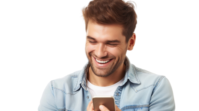 Happy man smiling and using smartphone on transparent background