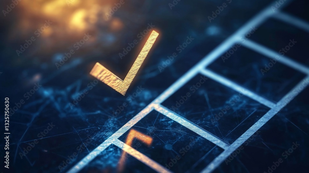 Poster golden check mark symbol on dark digital background with grid