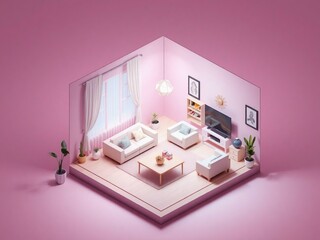 Generative A.I. designs a cozy, modern living room in pastel pink tones, featuring stylish furniture, warm lighting, lush green plants, and elegant decor, creating a peaceful and inviting ambiance