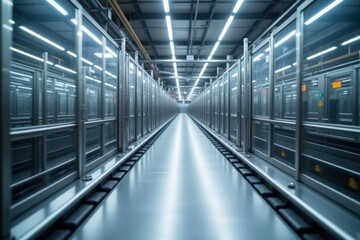 Fototapeta premium A Futuristic Warehouse Interior Featuring Automated Racks and LED Lighting, Highlighting Advanced Industrial Storage Solutions and Logistics Management