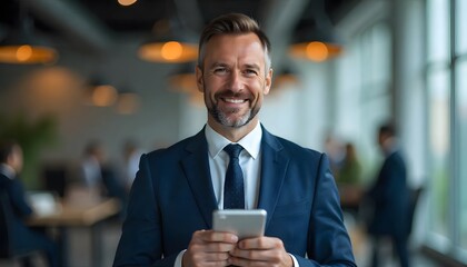 The Confident Executive: Captivating portrait of a sophisticated, smiling executive in a modern office setting, holding a tablet, exuding professionalism and approachability.