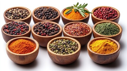 Aromatic Spice Collection: Diverse Culinary Herbs and Spices in Wooden Bowls