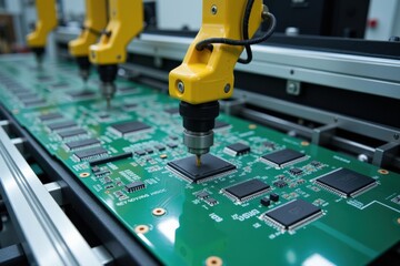 Automated Assembly Line with Robotic Arms Installing Components on a Circuit Board in a High-Tech Electronics Manufacturing Facility