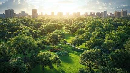 Lush green park with city skyline at sunset.