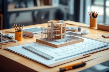 A stylish composition of a drafting table with architectural tools, a ruler, a sketchbook, and a miniature building model.