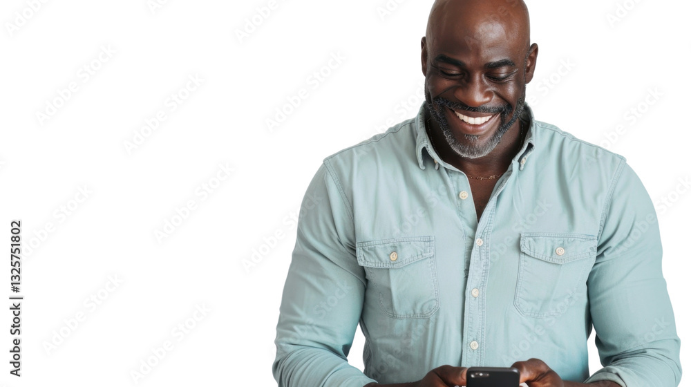 Poster smiling senior man using smartphone on transparent background