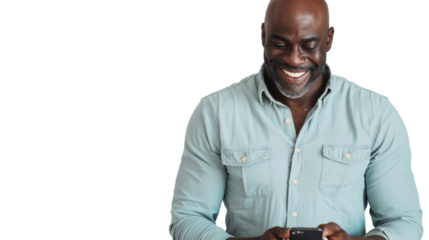 Smiling senior man using smartphone on transparent background