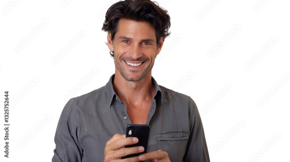 Poster smiling man using smartphone on transparent background