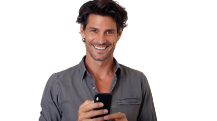 Smiling man using smartphone on transparent background