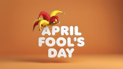 3D text design with "April Fool’s Day" and a colorful jester hat, symbolizing fun, jokes, and pranks on April 1st.
