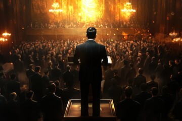 Cinematic vintage speakeasy event: elegant guests in an art deco ballroom, distinguished speaker at podium, warm lighting and gilded architecture create a refined, timeless atmosphere.