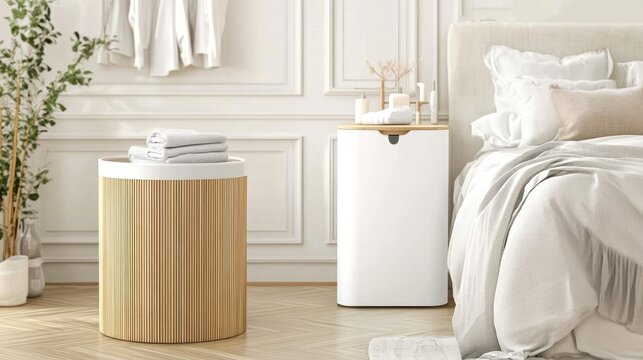 Freestanding bamboo laundry hamper with a minimalist frame.