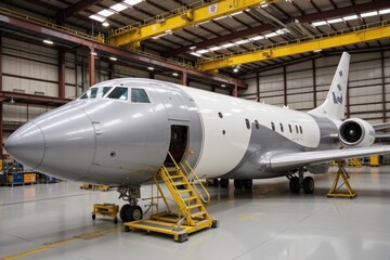 Detailed View of a Gray and White Private Jet in a Hangar, Showcasing the Interior Stairs and Industrial Environment with Advanced Aviation Equipment