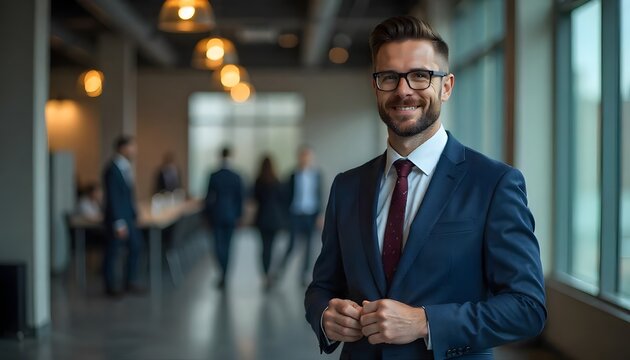 Confident Business Leader: A poised, professionally dressed individual stands confidently in a modern business setting. His smile suggests competence and approachability.
