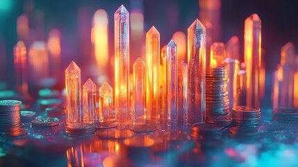 A financial chart with upward spikes crafted from glowing crystal, surrounded by neatly stacked coins that reflect the colors of the chart,