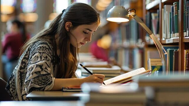 Junge Frau liest in einer Bibliothek Jura