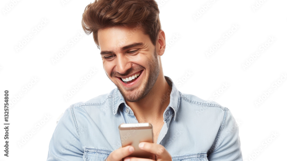 Poster handsome man smiling and using smartphone with transparent background