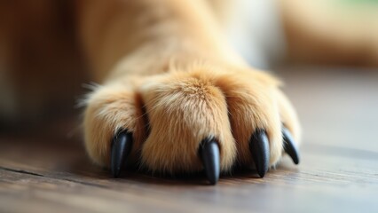 A close-up of a pet paw with sharp black claws resting on a wooden surface.