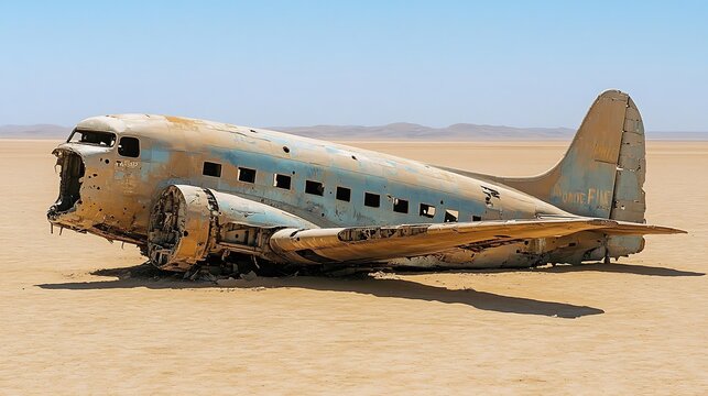 Rusted airplane wreck in desert.