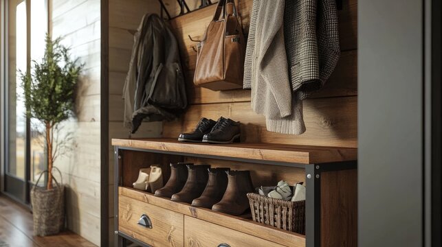 Industrial-style freestanding coat rack with multiple hooks and a shoe shelf.