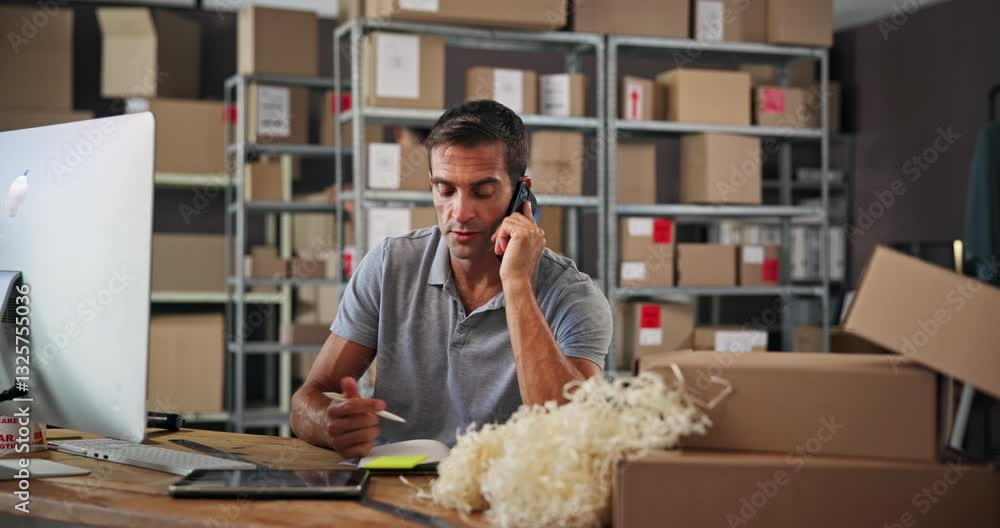 Poster small business, phone call and man with order, boxes and preparing for delivery with notes and logis