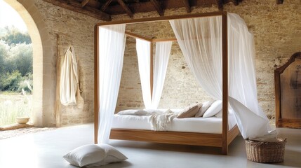 Luxurious freestanding canopy bed with sheer drapes.