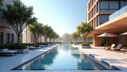 Fototapeta premium Modern plaza design featuring a sleek swimming pool, surrounded by trees, lounge chairs, and contemporary buildings.