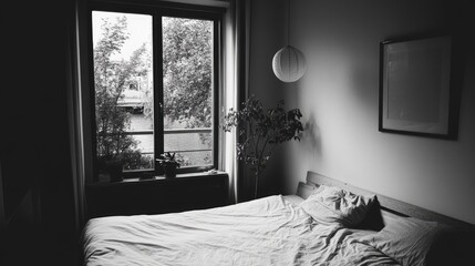 Minimalist bedroom with monochrome black and white decor and simple furnishings.